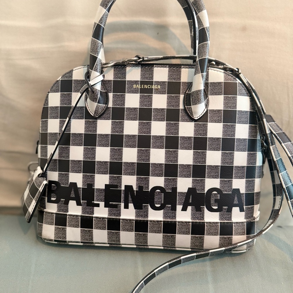 Balenciaga Black and White Satchel with Gingham Pattern